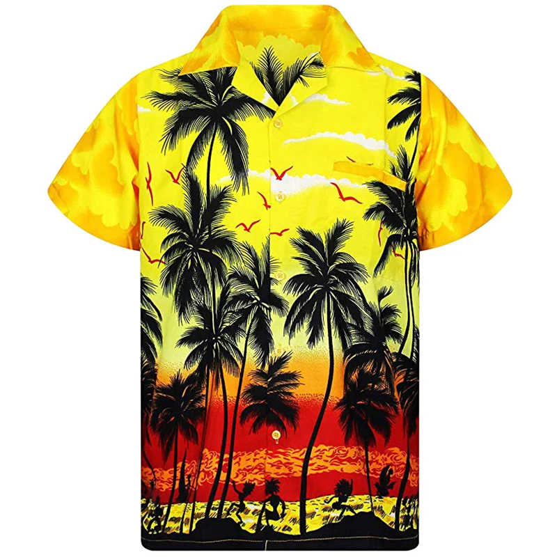 Camisa de praia havaiana com estampa palmeira masculina, blusa casual de manga curta, de peito único, 3D, verão