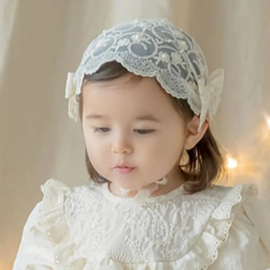 Baby Girls Lacy Bow Headband Soft Breathable Lace Hairband for Toddlers Infant Baptism Christening Beanie Cap Wide Turban Weddi