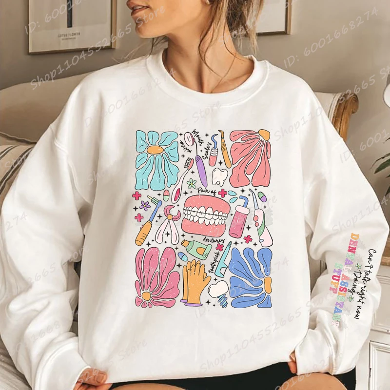 Divertida camiseta con estampado de cosas de asistente Dental para mujer, sudadera de gran tamaño, jerséis de manga larga a la moda, Tops de talla grande, sudadera sin capucha