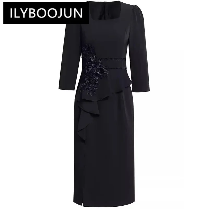 

ILYBOOJUN Fashion Women's New Elegant Square-Neck Three-Dimensional Flower Beaded Diamond Flounced Edge Hip Wrap MIDI Dress