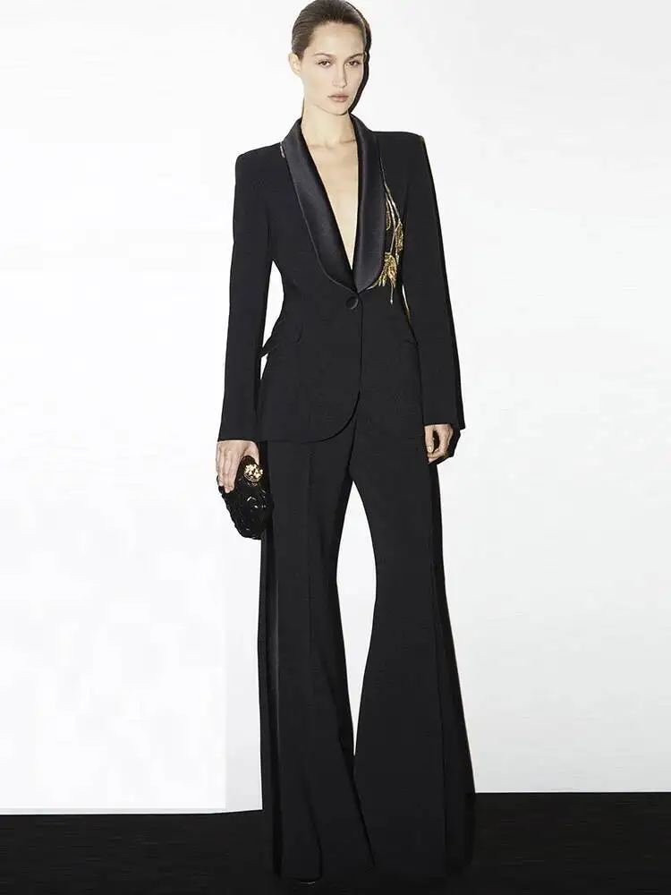 HIGH STREET Newest Designer Suit Women's Flowers Beaded Shawl Collar Blazer Flare Pants Set 2Pcs