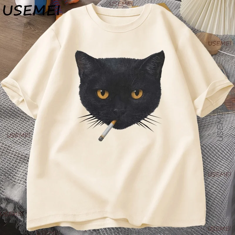 

Funny Smoking Cat Y2K T Shirt Vintage Black Cat Tee for Men Women 90s Aesthetic Tee Men Women Casual Cotton Short Sleeve T-shirt