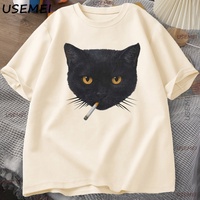 Funny Smoking Cat Y2K T Shirt Vintage Black Cat Tee for Men Women 90s Aesthetic Tee Men Women Casual Cotton Short Sleeve T-shirt
