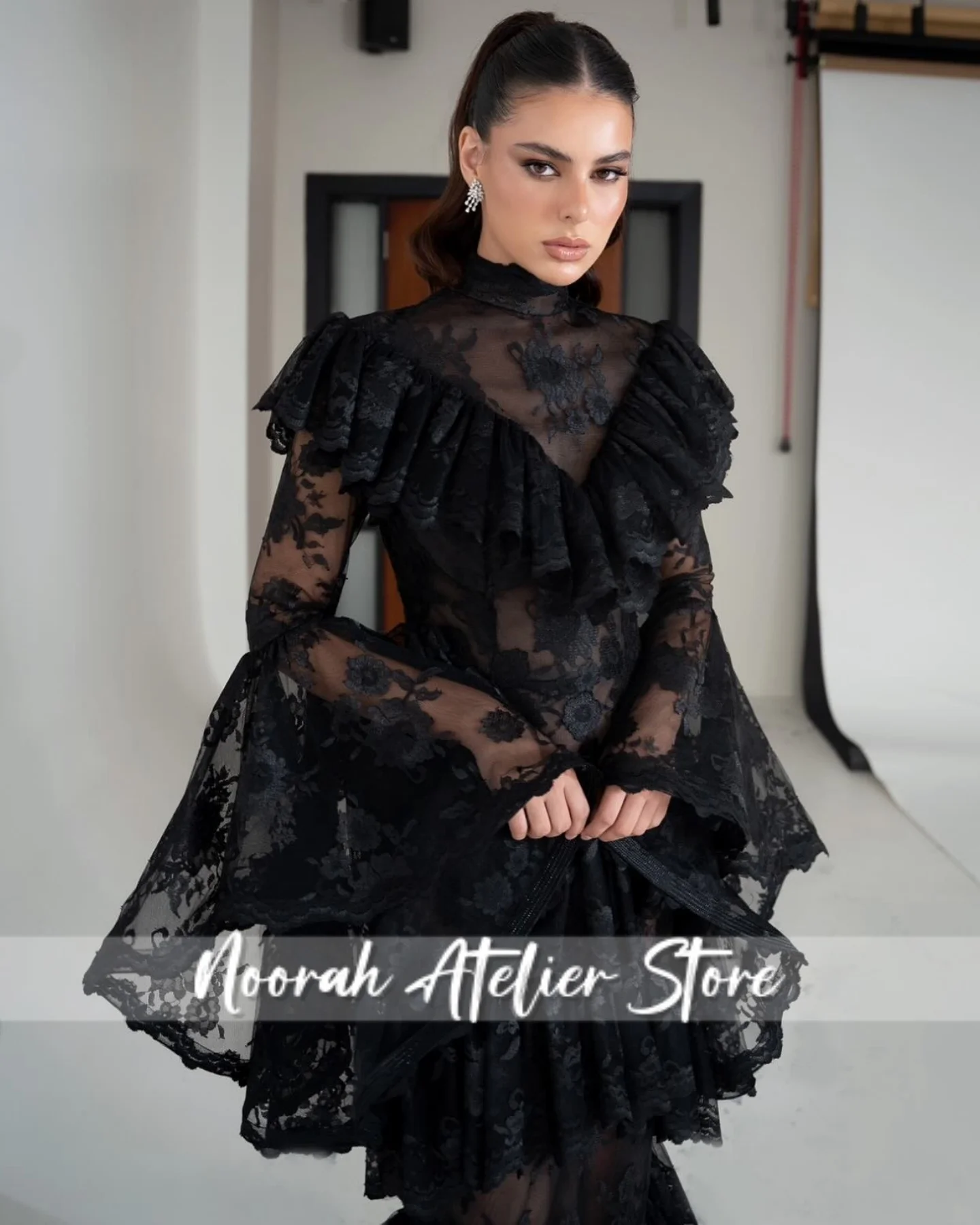 Chique preto renda mangas compridas alta n sereia babados vestido de noite feminino2025 sexy dubai ilusão vestido de festa personalizado