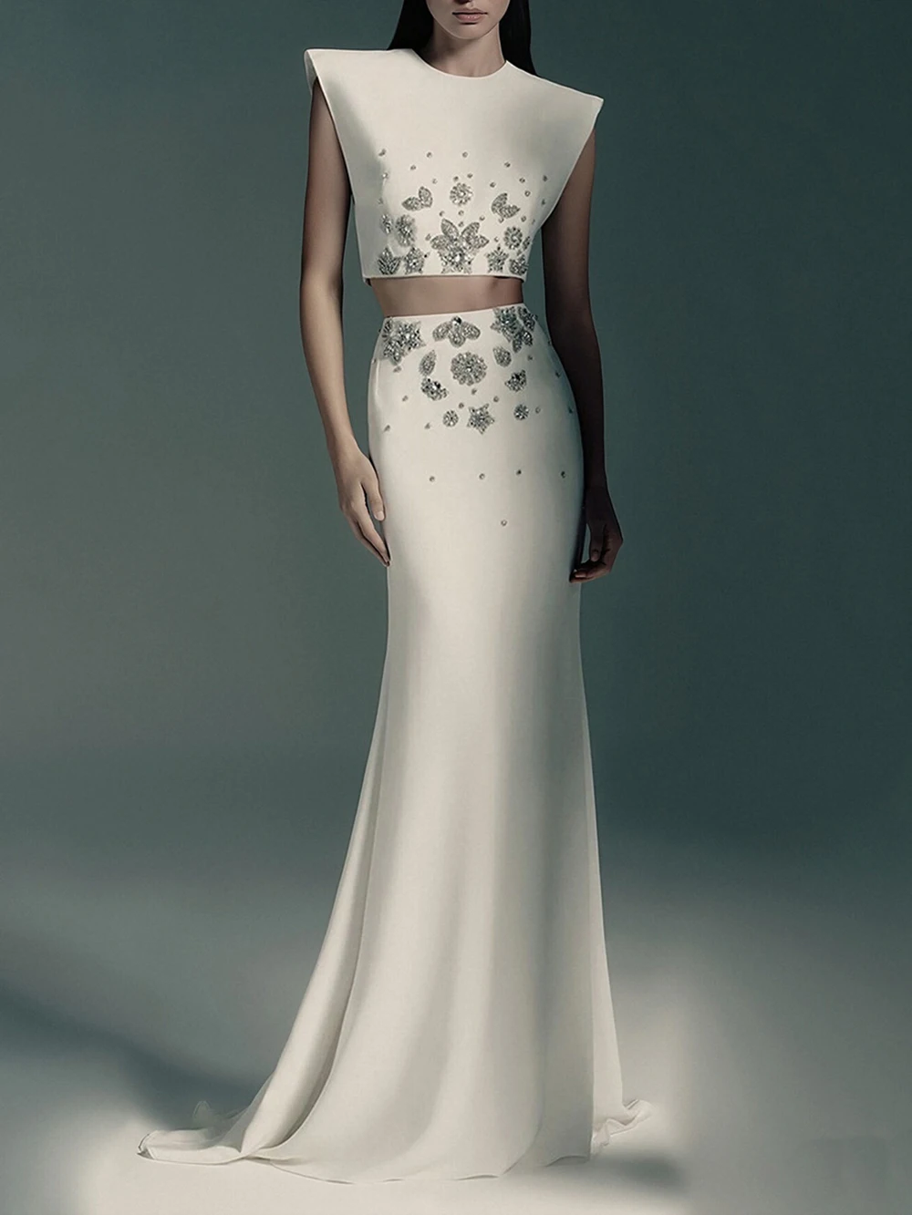 

Чисто белый свет, роскошная юбка с рыбьим хвостом и бриллиантами, комплект из двух предметов, платье, новинка зимы 2025 года, без рукавов с круглым вырезом + полуюбка