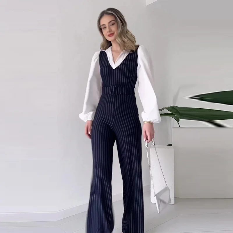 Spring Summer Long Sleeve Turn-down Collar Rompers Fashion Party Jumpsuits Woman Elegant Splice Stripe Loose Play Suits Trousers