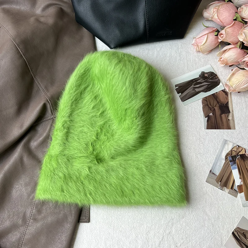 2023 neue Mode Kaninchen Fell Y2k Mützen für Frauen Weiche Warme Flauschigen Angola Winter Hut Weibliche Winddicht Motorhaube Hut Skullies Kappe – Detail 20