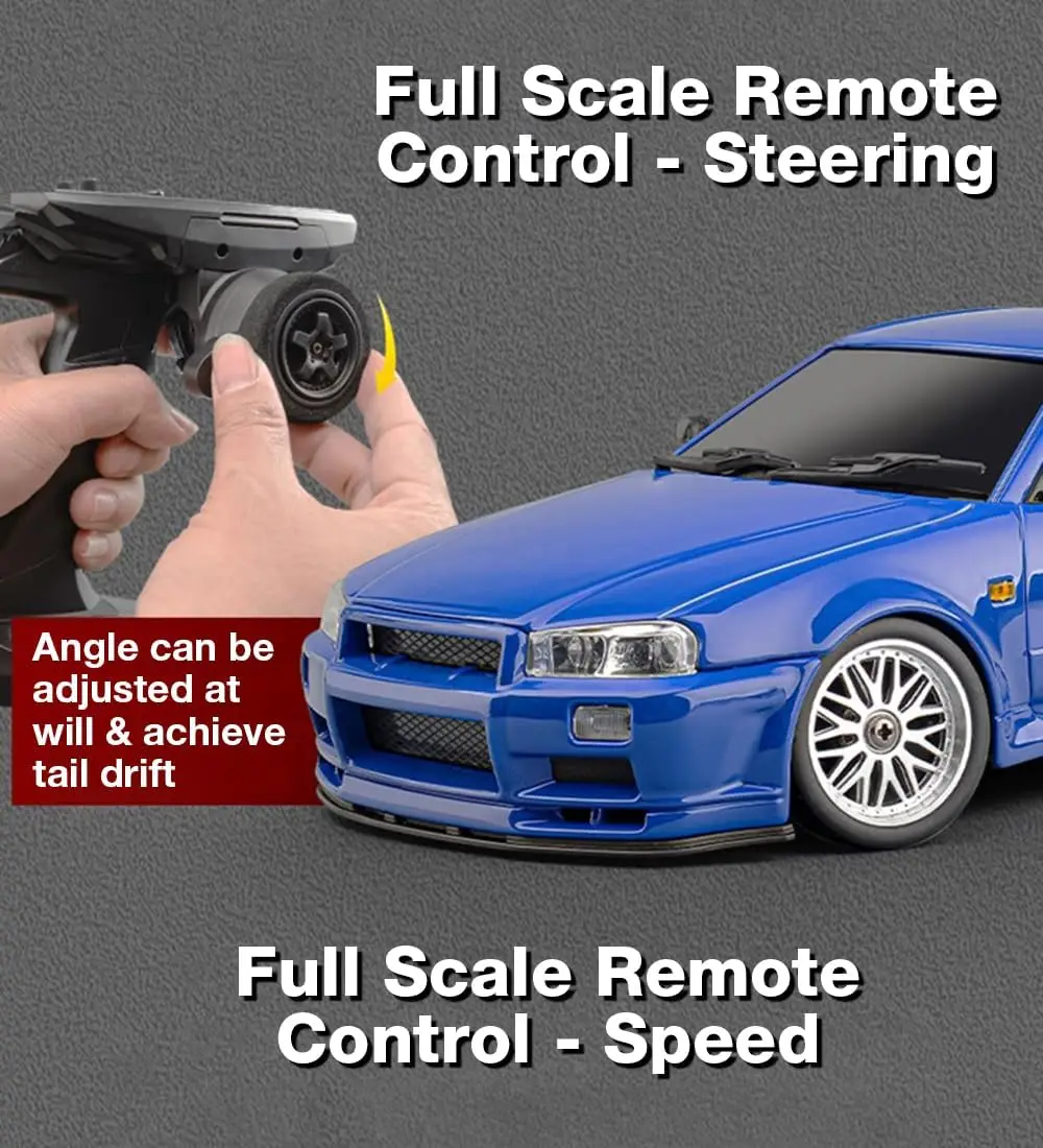 1/18 Scale Remote Control Drift Car, 2.4GHz RWD Mini Model Vehicle with Gyro Stabilizer, Alloy Body Shell Racing Car for Adult Hobbyists, GTR R34 Style (Silver-Blue) - view 5
