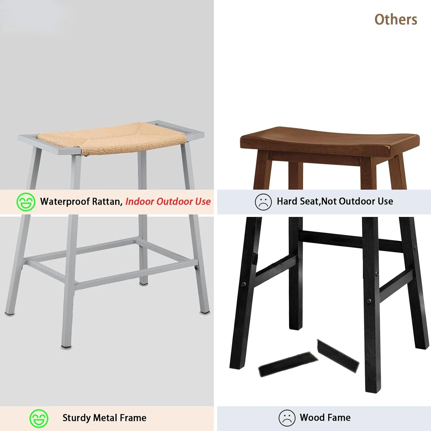 Wicker Bar Stools Set of 2, Backless Saddle, Counter Height, Kitchen, 26"