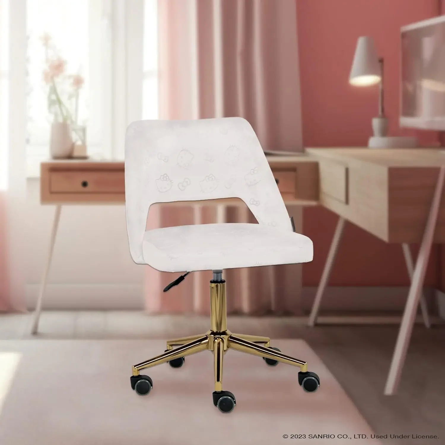 360 Degrees Swivel Cute Desk Chair with Wheels, Golden Rolling Base Adjustable Height Makeup Chair for Bedroom (White)