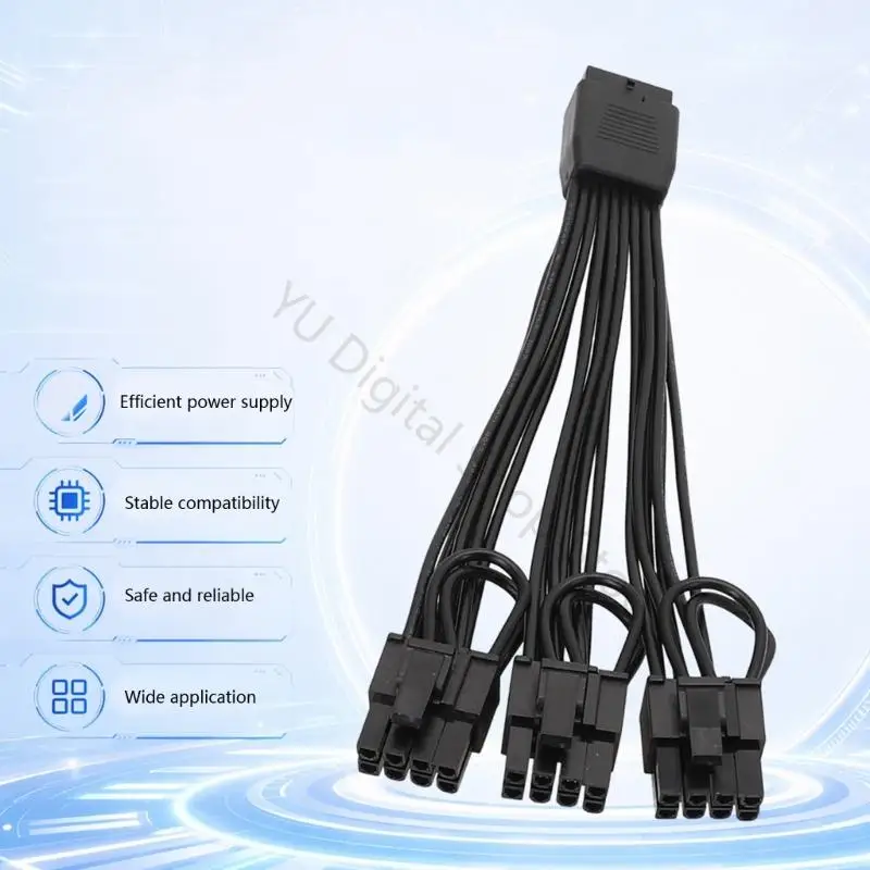 96BA Building Card Power Cable 16 Pin Female to 3x8 Pin Male, 18AWG Black GPU Wire for Desktop Routing, Spare Use, and Daily