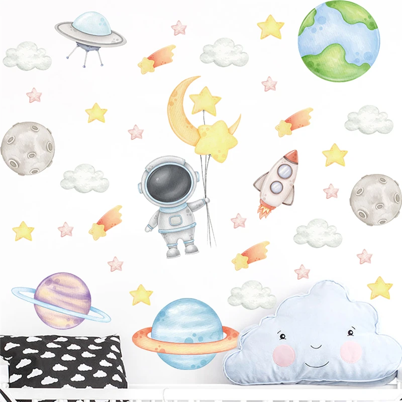 Cartoon Astronaut Planet Meteor Wall Stickers For Home Decoration Diy Space Theme Mural Art Diy Kids Room Decals Pvc Poster