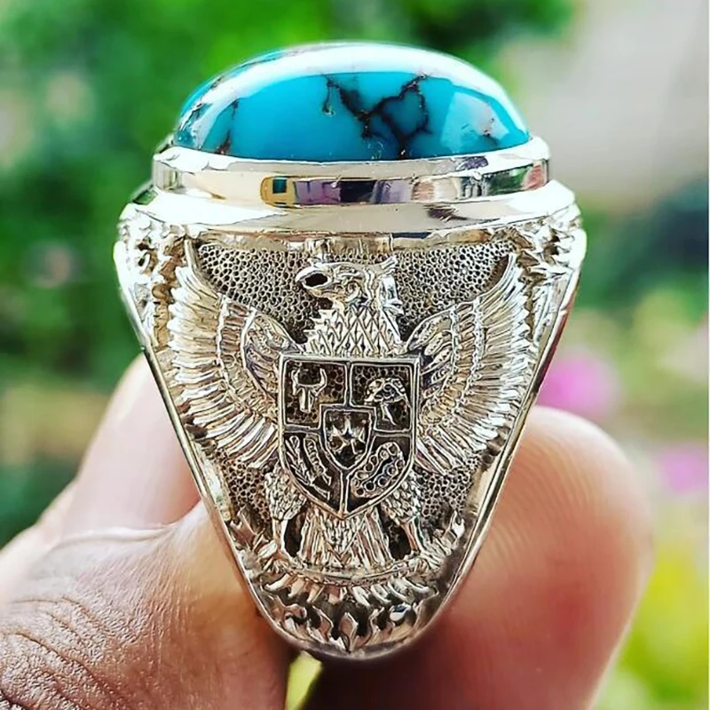 Huaya Vintage Men's Imitation Turquoise Ancient Silver Carving Ring Classic Traditional Personality Ring Jewelry Accessories - Image 2