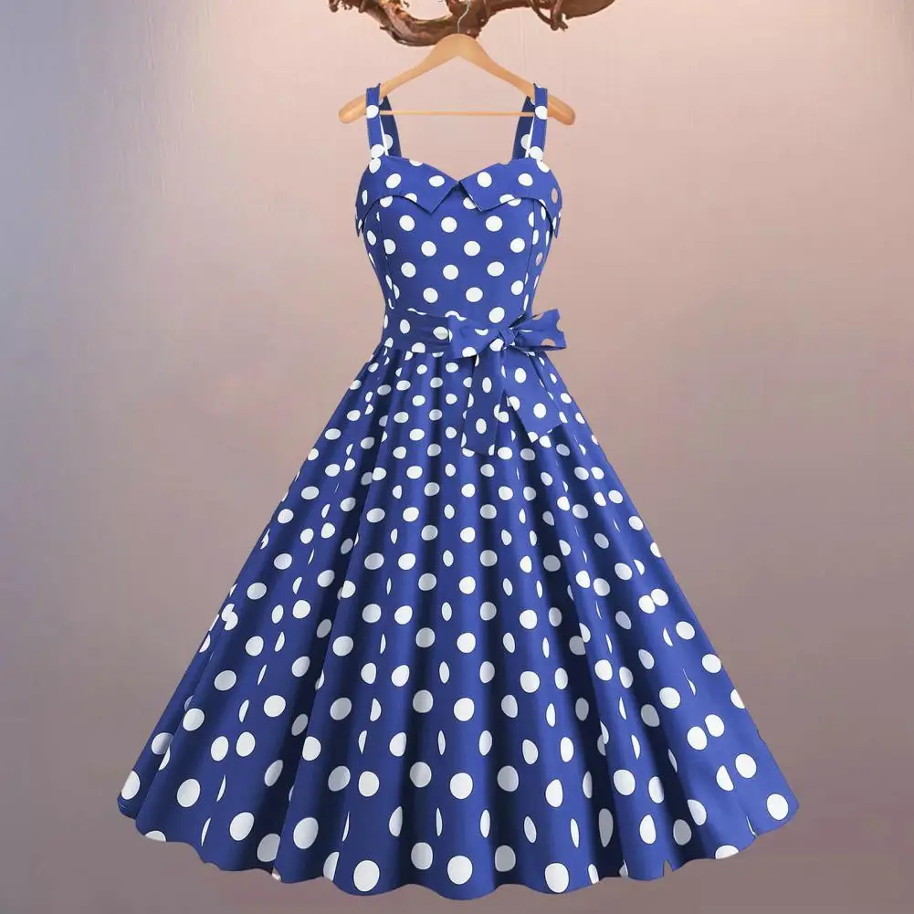 Women Vintage Dress 50s Retro A-line Big Swing Sleeveless Dot Print High Tight Waist Backless Knee Length Evening Dress Summer