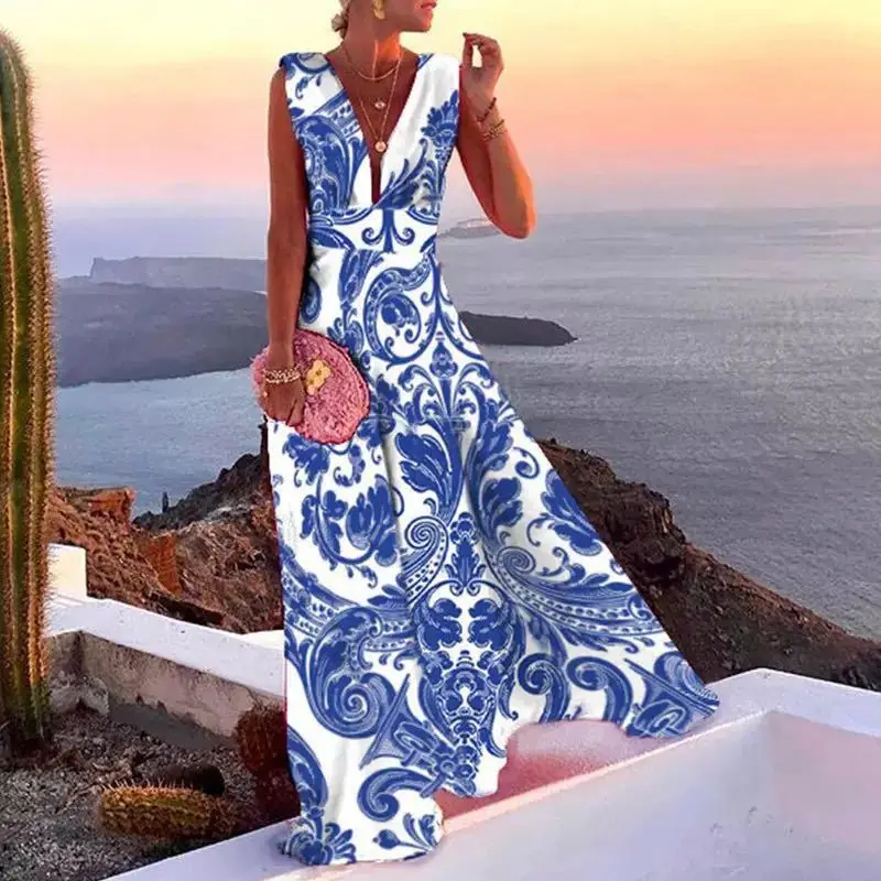 Elegancka długa sukienka na imprezę dla kobiet Letnia sukienka plażowa bez rękawów z nadrukiem Boho Sexy sukienka maxi z dekoltem w szpic Femme