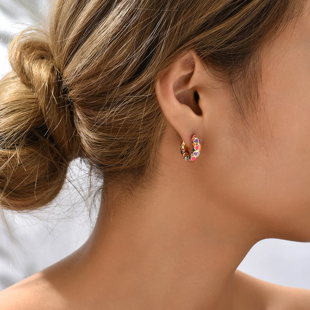 Vintage Enamel Colorful Argyle Round Circles Huggies for Women Ethnic Geometric Pattern Gold Plated Hoop Earring Ear Buckles
