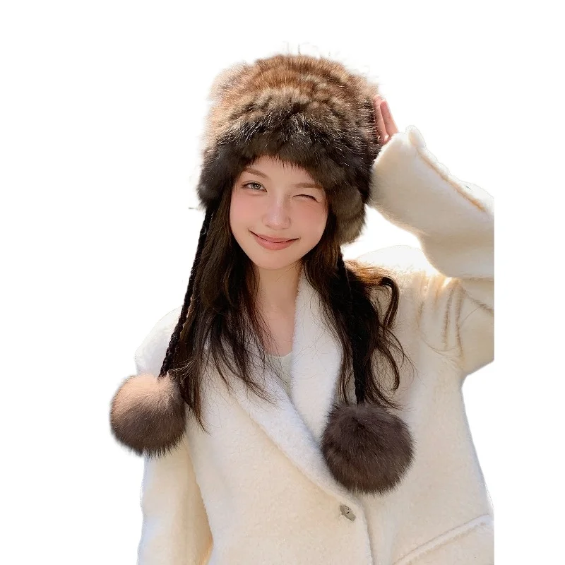 

Sable hair woven cute bear hat fox hair ball ear protection warm autumn and winter new mink hair Lei Feng hat