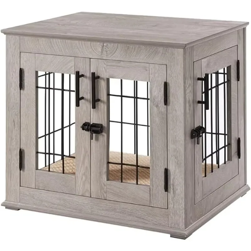 Crate End Table, Double Doors Wooden Wire Dog Kennel with Pet Bed, Decorative Pet Crate Dog House Indoor Medium Large