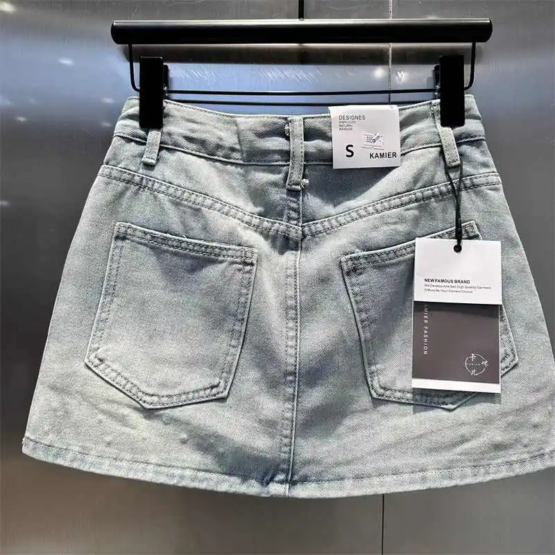 Été strass a-ligne jupe en jean pour les femmes motif étoile fermeture éclair poche jupes courtes mode haute qualité Slim Fit jean jupe