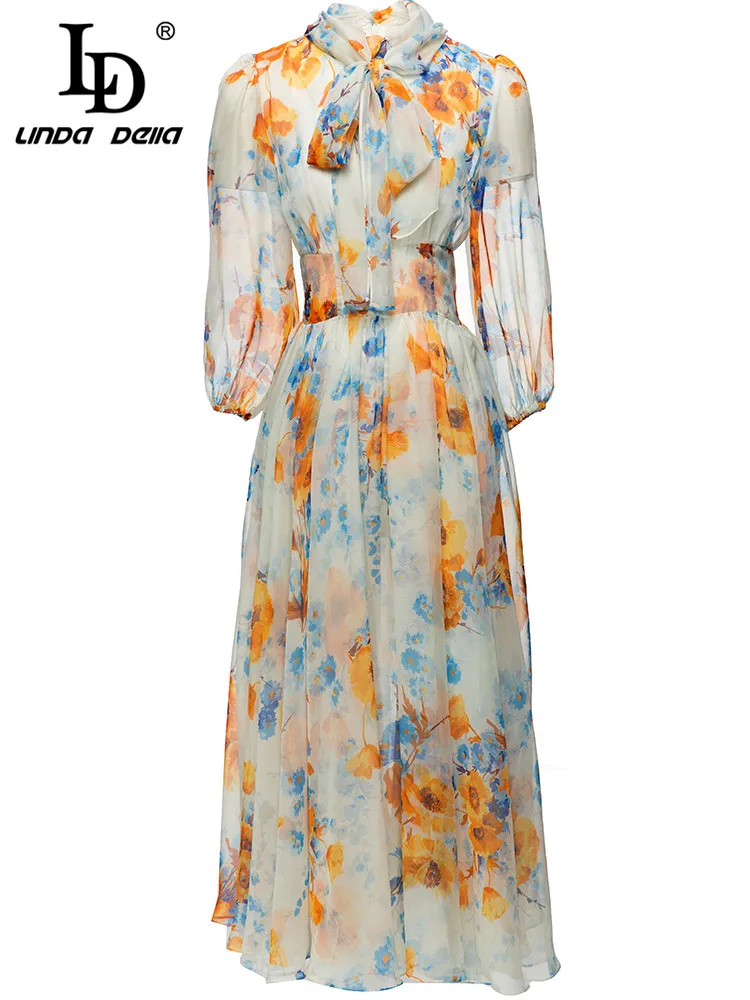 

LD LINDA DELLA 2023 Summer Vacation Dress Women's Elegant Bow Lantern sleeve Bohemian Flower Print Chiffon A-line Long Dress