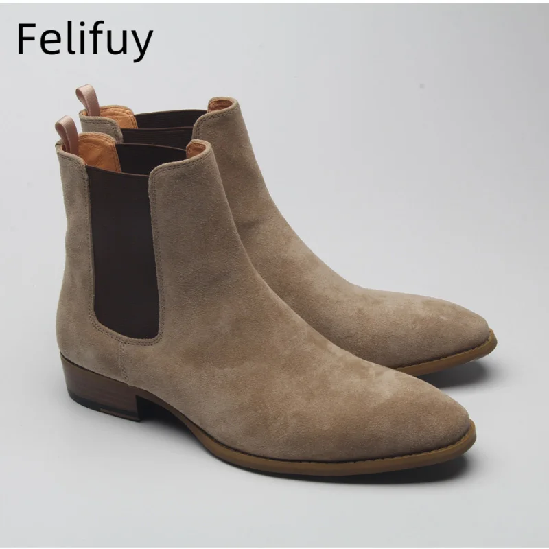 Grey Black 3cm High-Heeled Men's Short Boots Chelsea Boots Catwalk Shoes High-Top Cowhide Platform Boots Autumn and Winter Shoes