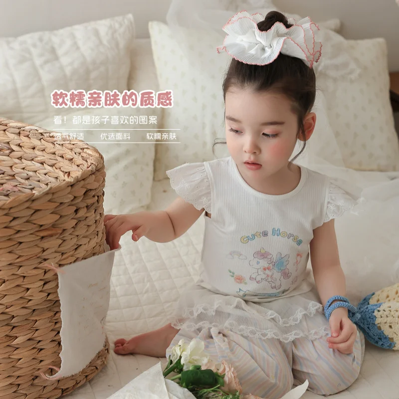 Large and small rolls26Summer girls' lace flutter sleeve top and bloomers pants two-piece set cute girl's clothing