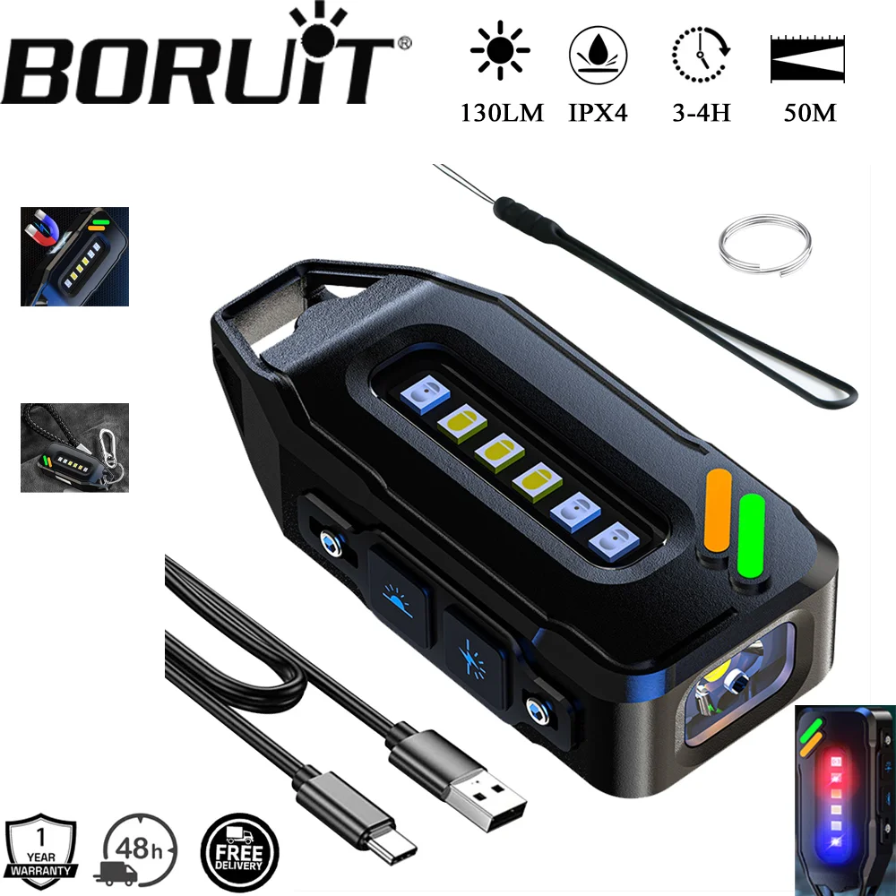 BORUiT LED Keychain Flashlight USB C Rechargeable Mini Torch Magnetic Work Light 9 Lighting Modes Camping Fishing Hiking Lantern
