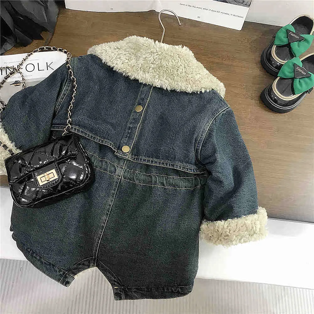 Autumn Winter Children Girl Denim Coats Cotton Fleece Thick Toddler Kid Girl Woolen Coat Loose Elastic Waist Little Girl Jackets