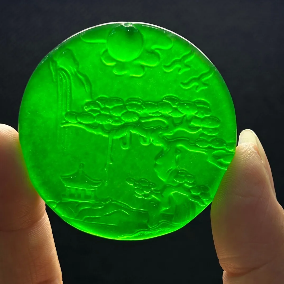 Certified Natural ice Green Jade Jadeite Carved Landscape Pendant & Necklaces Landscape Brand