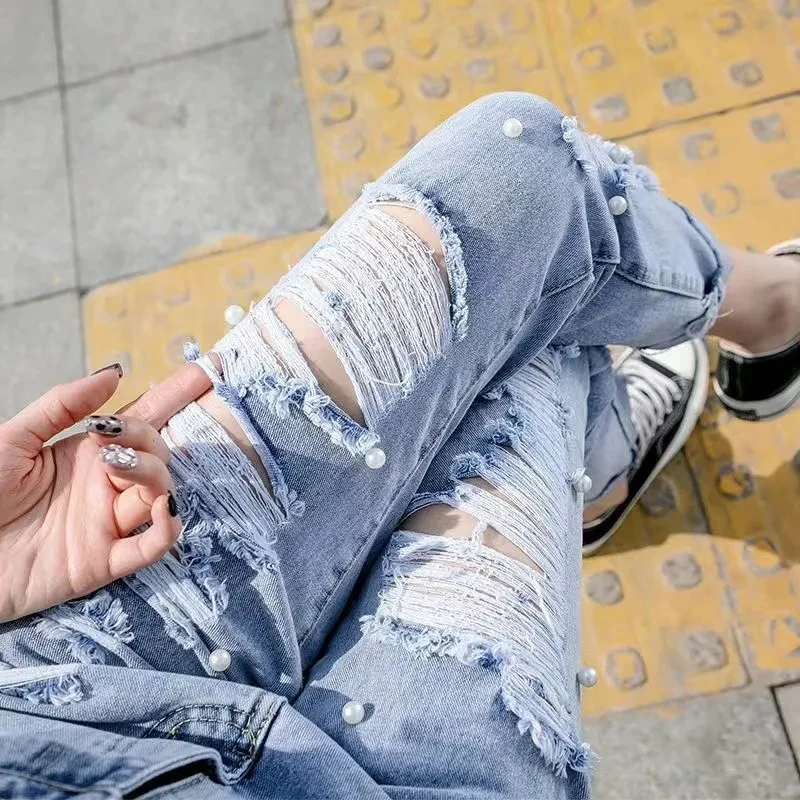 Distressed Nail bead Jeans Women's Summer Thin Design 2026 New High waisted harun Jeans Female Denim Casual Ankle length Pants