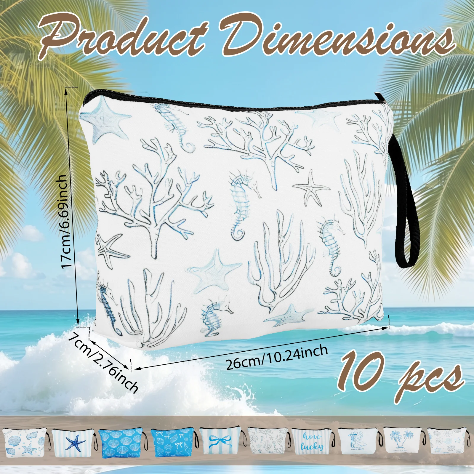 10 Pcs Coastal Stylish Women Cosmetic Bags Multi-functional Versatile Makeup Pouch Travel Vacation Portable Zipper Toiletry Bags