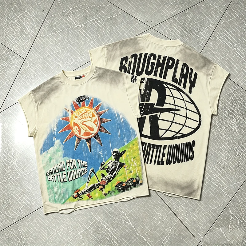 New Rough Play Men's T-shirt Retro Mountain Skeleton Mushroom Printed Hot Diamond Sleeveless Top Piercing Street Tank Top