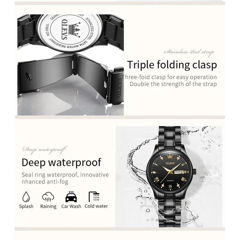 Olevs 여성용 5563 쿼츠 시계, 클래식 레저 스테인레스 스틸, 방수 듀얼 캘린더, 럭셔리 숙녀 시계