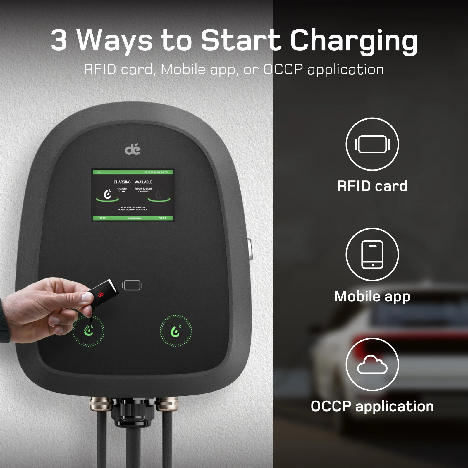 dé شاحن مزدوج Wallbox 11kW X 2 EV مع كابل 7m و10m من النوع 2 3-Phase 6A-32A App OCPP RFID للتحكم في بطاقة التحميل الديناميكي