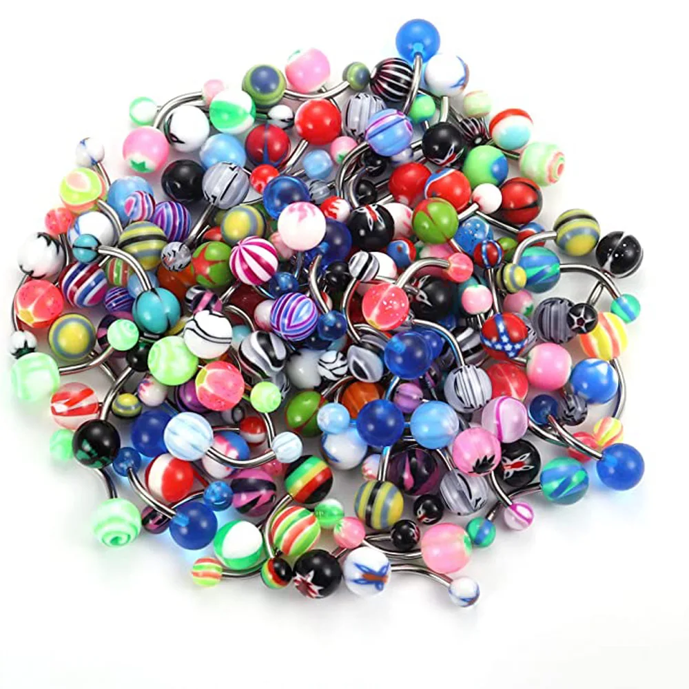 Modisches, mehrfarbiges Acryl-Edelstahl-Bauchnabelpiercing für Frauen und Mädchen, 30/50 Stück, Ombligo-Piercing, Körperschmuck – Detail 3