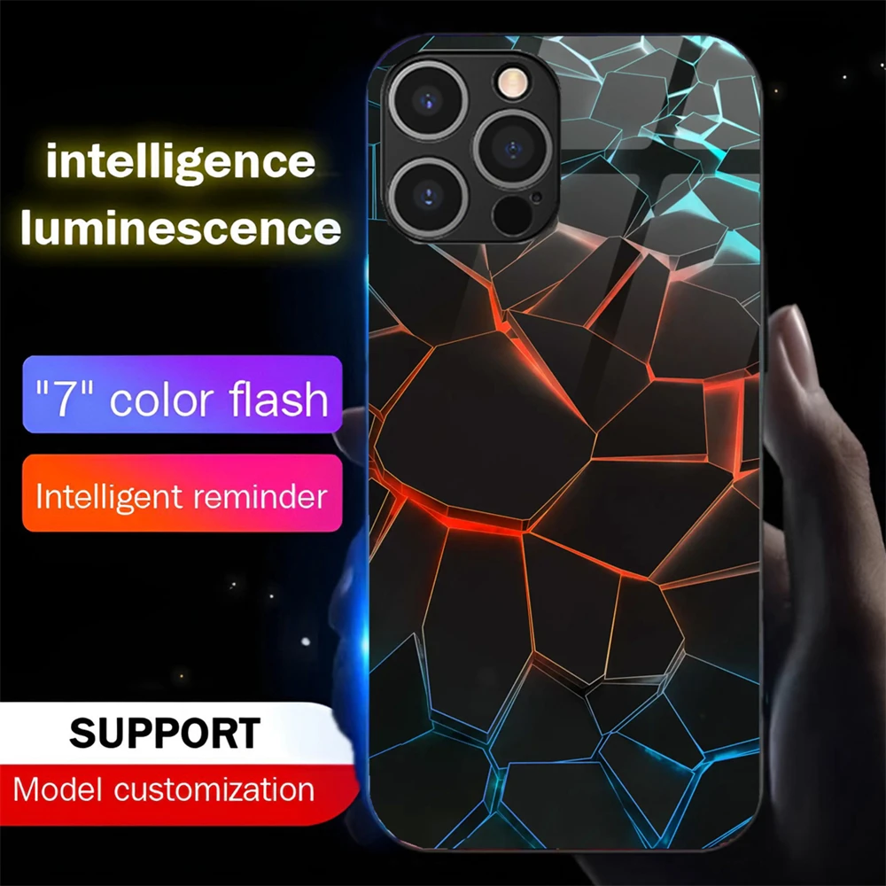 

Luxury Geometry Smart LED Light Glow Tempered Glass Phone Case For iPhone 16 E 15 14 13 12 11 Pro Max Mini SE XS XR Plus