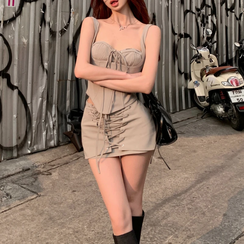 2024 Summer New Streetwear Lace-up Pleated Solid Color Casual Irregular Camisole Women + Sexy Slim A-line Skirt Two Pieces Suit