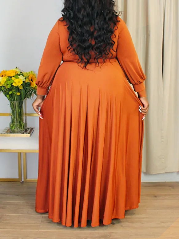 Fall Winter Elegant Comfortable V-neck Long Dress with Belt Full Sleeves Casual Maxi Dresses Plus Size Clothing