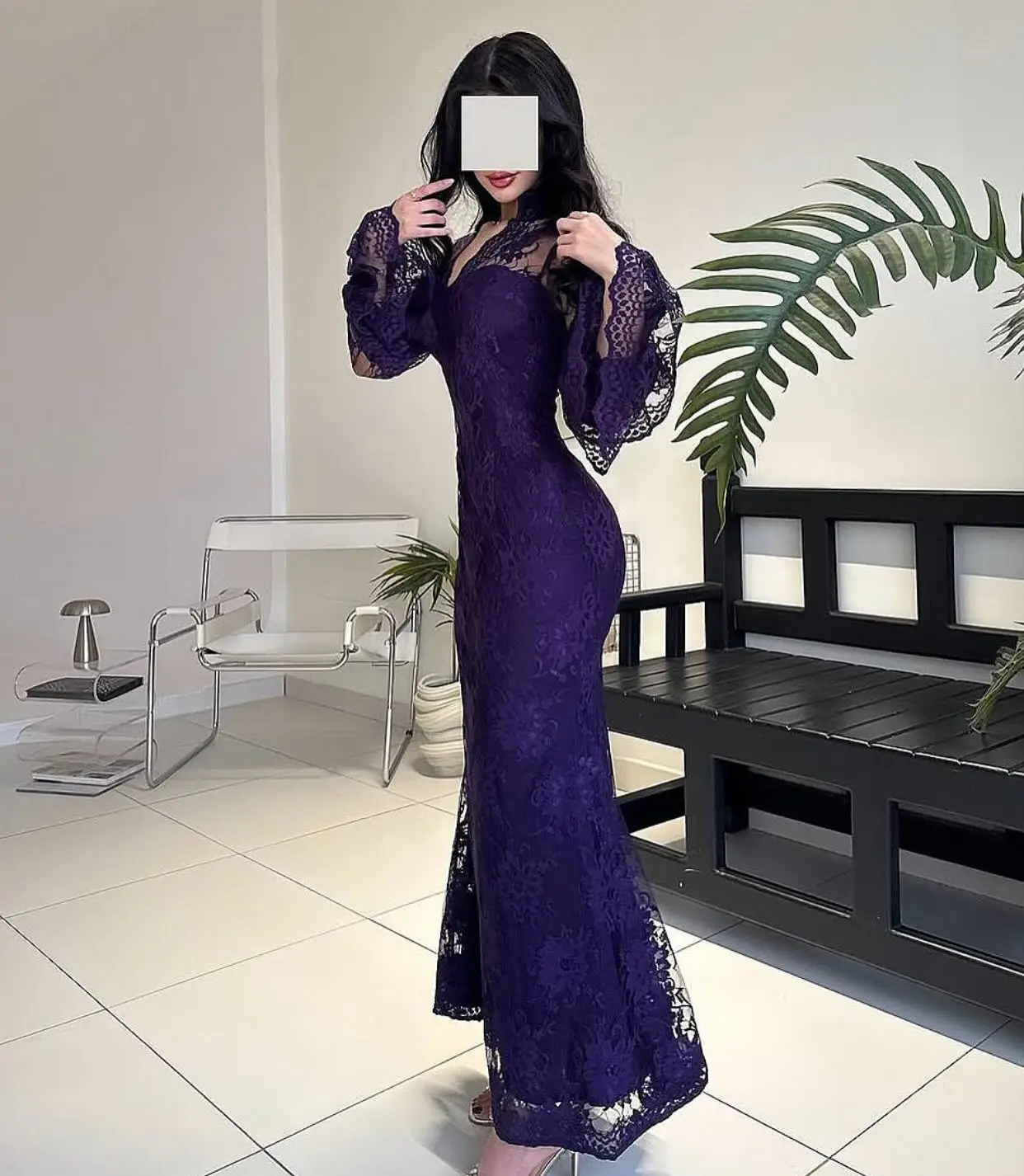 

2025 Custom Exquisite A-Line Long Sleeves V-Neck Prom Gowns Sexy Lace Flare sleeves Ankle Length Evening Dress