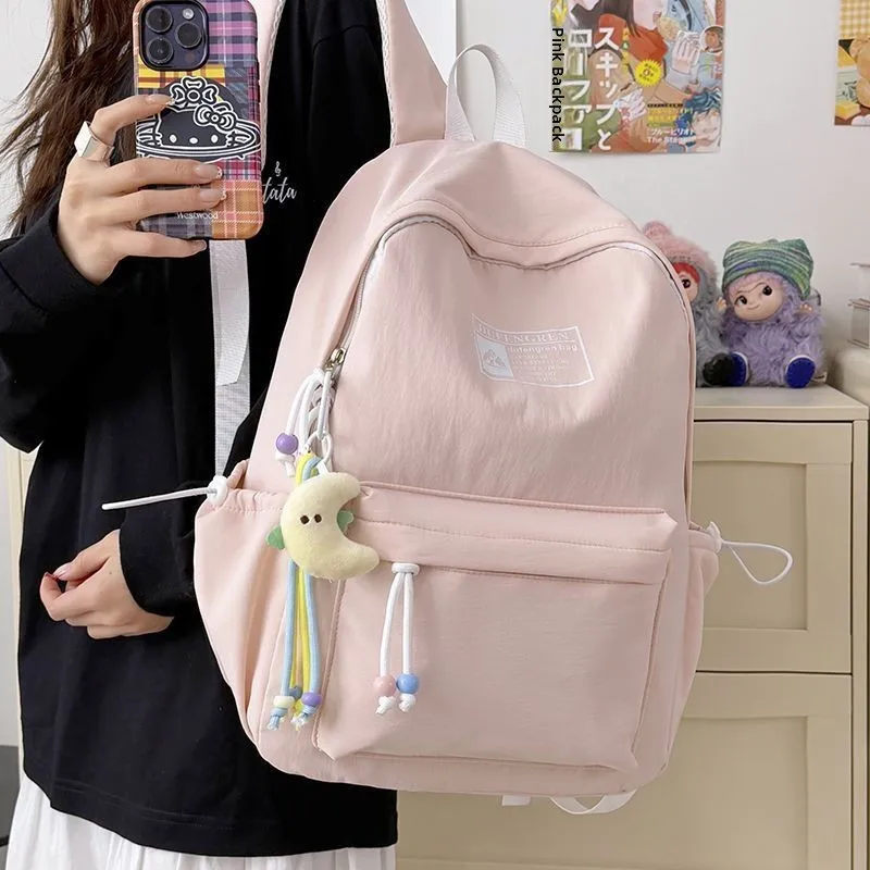 Fashionable Minimalist Nylon Candy Colored Large Capacity Middle School Student Double Shoulder Backpack 16 Grade Bookbag for...