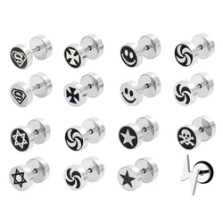 Stainless Steel Barbell Dumbbell Studs Earrings For Men Women Punk Gothic Pattern Earrings Fashion Piercing Jewelry Wholesale