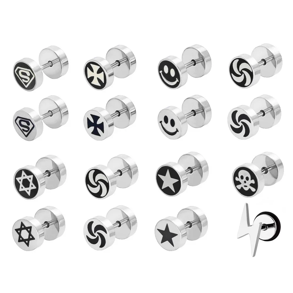 Stainless Steel Barbell Dumbbell Studs Earrings For Men Women Punk Gothic Pattern Earrings Fashion Piercing Jewelry Wholesale