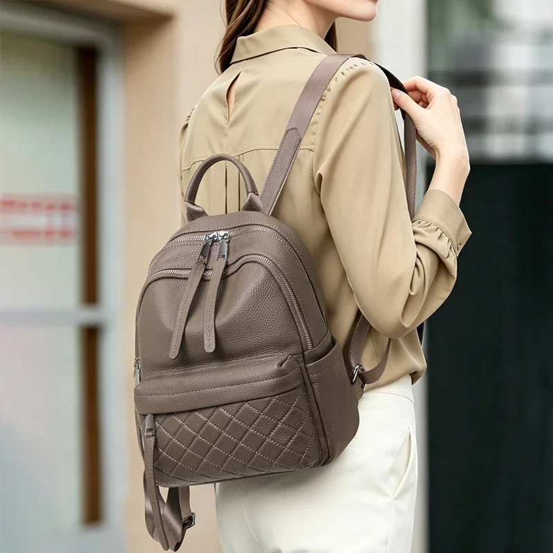 Aidrani Ladies Real Cowhide Leather Backpack Quilted Rucksack Multi‑Zipper Pockets Casual Travel Daypack Practical Shoulder Bag