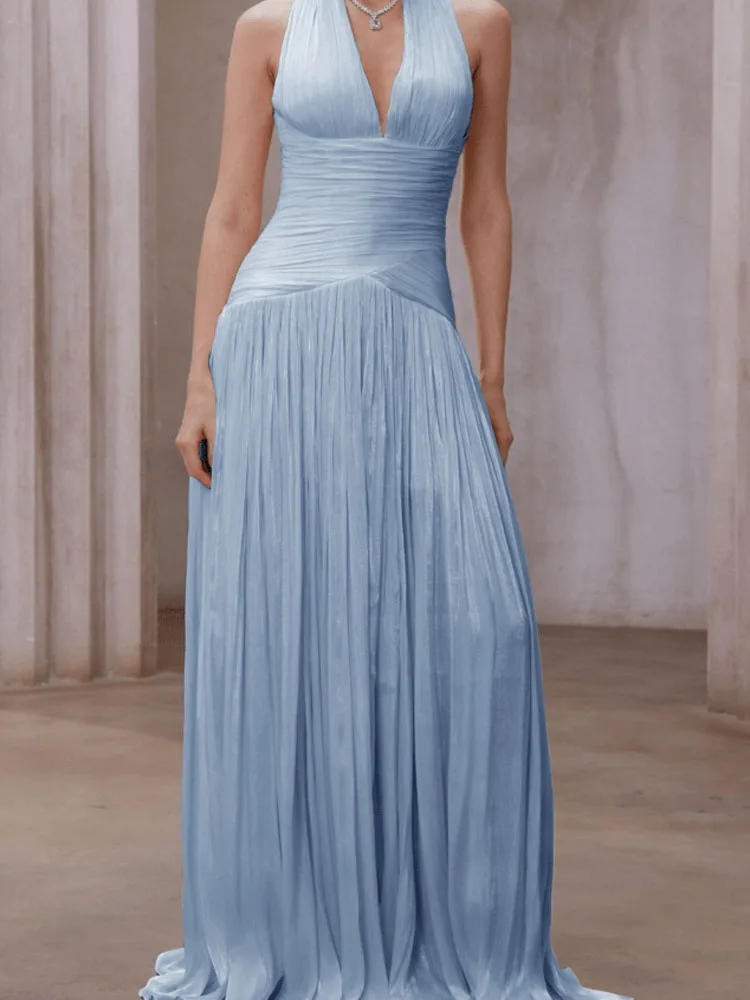 セクシーなノースリーブソリッドロングドレスエレガントなディープVネックドレープイブニングパーティードレス女性のファッションプリーツハイウエストガウンドレス