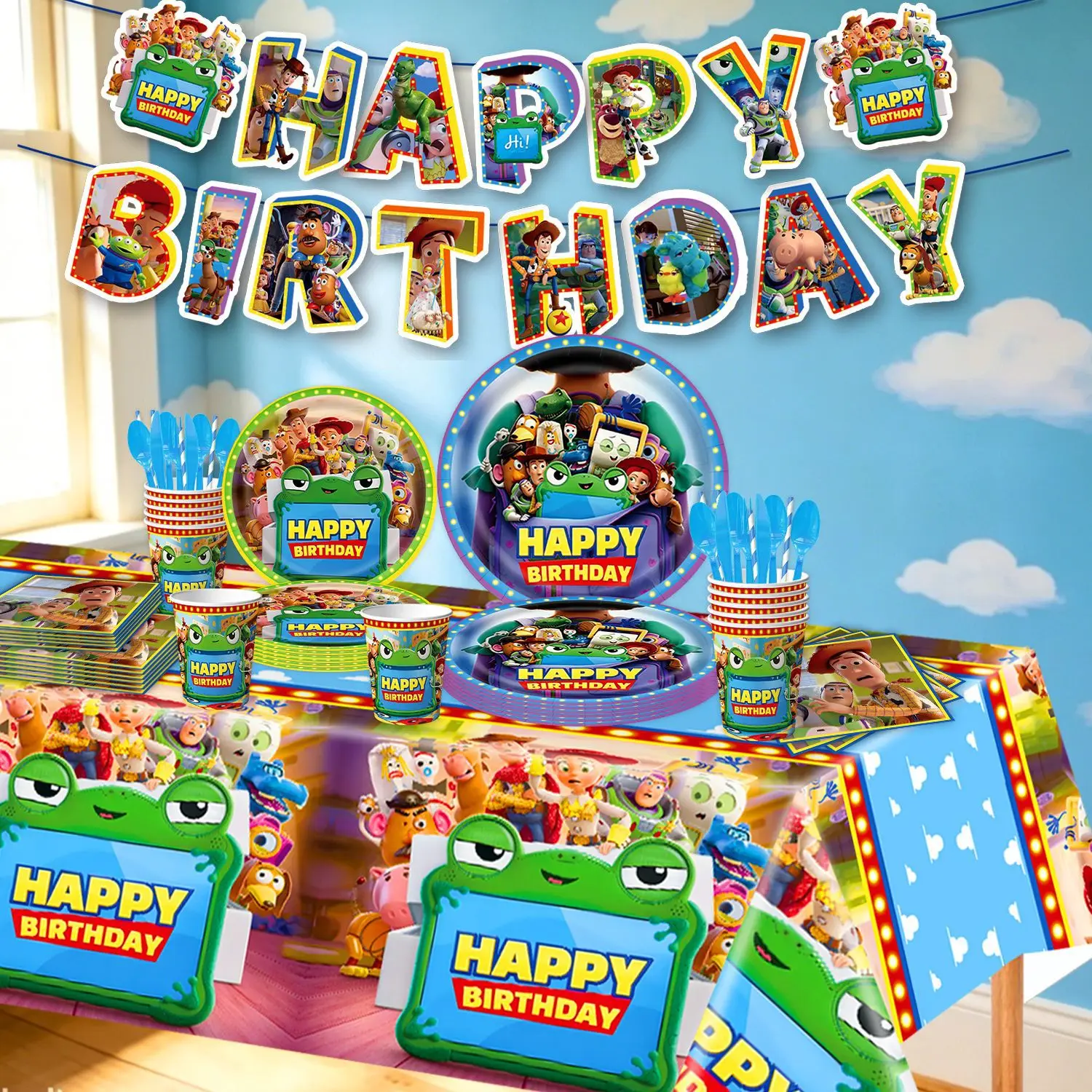 Nuevo Banner de Fiesta de Cumpleaños con Temática de Toy Story, Globos Lindos de Woody/Buzz Lightyear, Cubiertos Desechables, Globos, Fondo para Pastel, Decoración para Fiesta