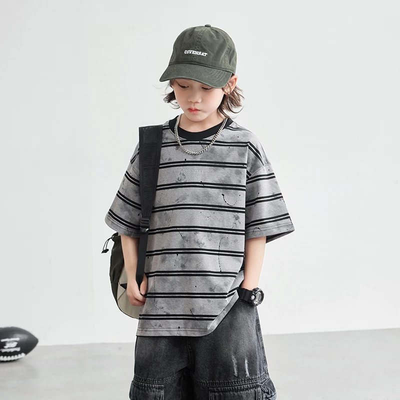

New Design Kids Summer Devore Fabric Striped T-shirt for Teenager Boy Casual Tie Dye Tshirt with Drawings Child Cotton Tee Tops