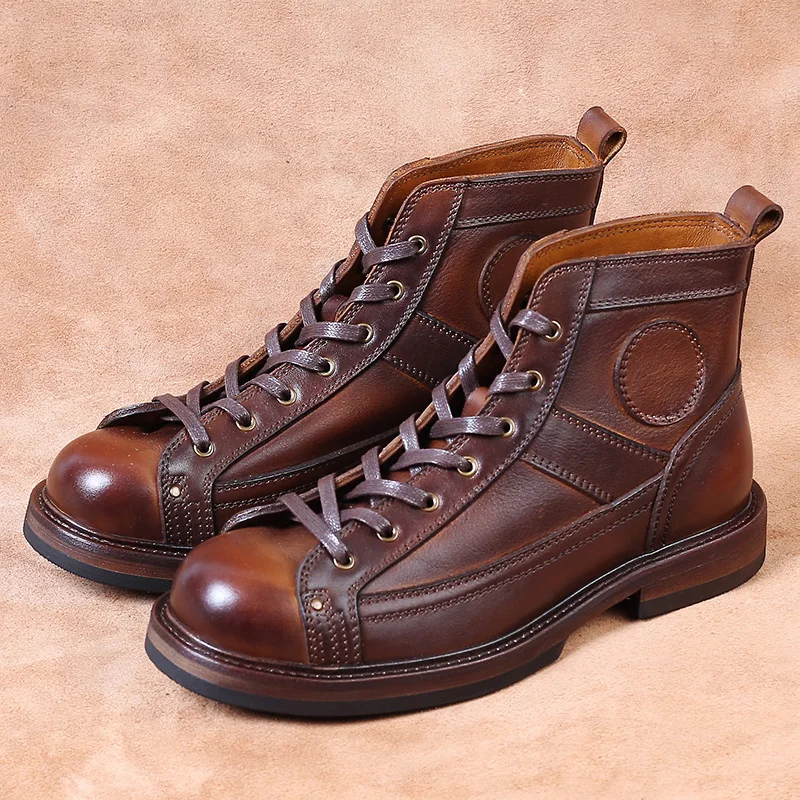 

Retro Spliced High Top round Toe Boots Men's Motorcycle ort Boots Paratrooper Work Boots Leather Upper Lightweight B...