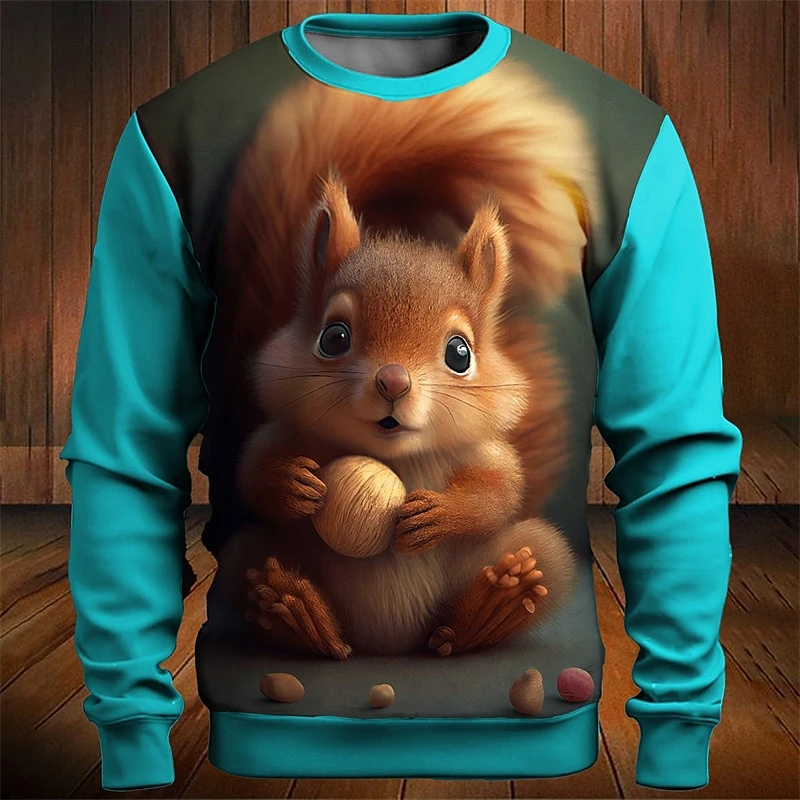 Cute Squirrel pattern 3D Printed Men's T-shirt Fashion Long Sleeve Hoodie Casual O-Neck Loose Mens Top Autumn Christmas Clothing