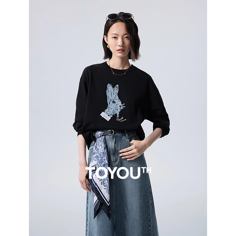 

Toyouth Women Tees 2024 Autumn Long Sleeve O Neck Loose T-shirt Exquisite Rabbit Print Design Fashion Casual Apricot Black Tops