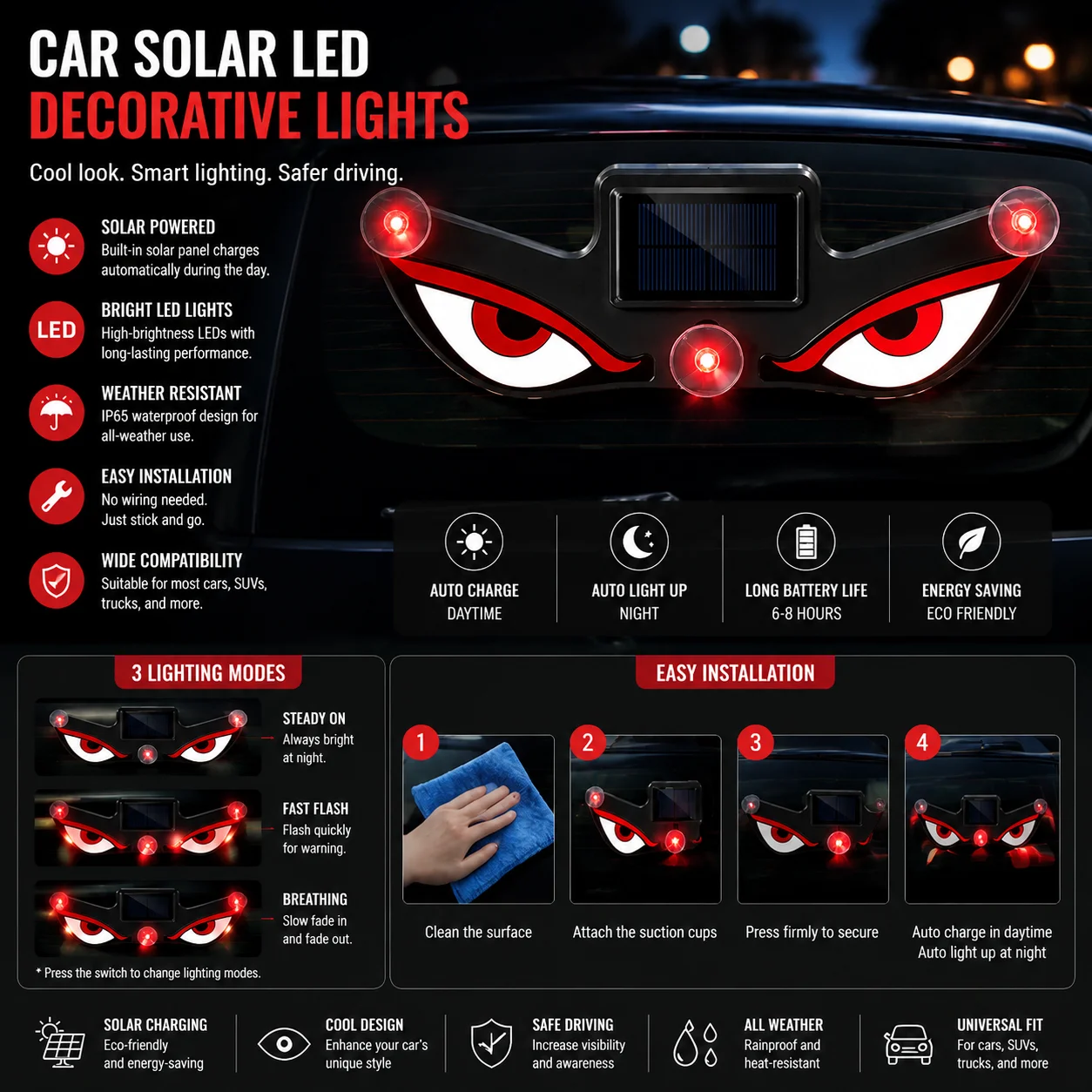 Solar-Powered Led Car Window Eye Neon Light Led Ambient Light Suction Cup USB Rechargeable Atmosphere Breathing Lamp